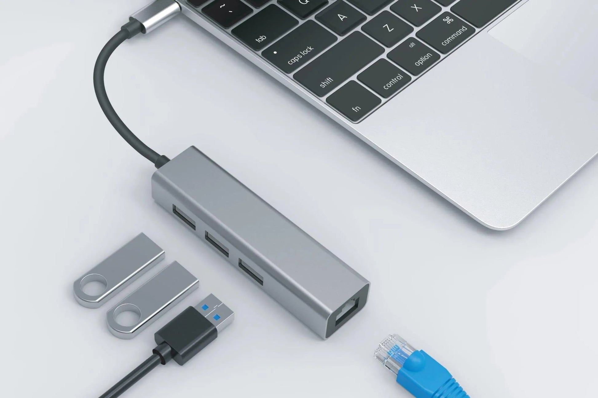 Nikkai USB-C to USB-A 3.0 x 3 / Gigabit RJ45 Ethernet Multiport Hub - Silver - Nikkai.co