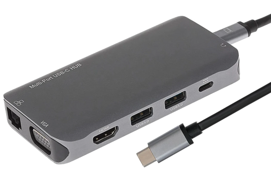 Nikkai USB-C to HDMI / USB-A 3.0 x3 / USB-C / RJ45 / VGA / SD / MicroSD Docking Station - Silver - Nikkai.co